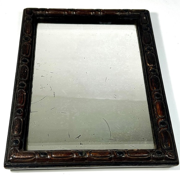 Antique Hand Carved Wood Framed Mirror Free Standing 7" x 10" Rustic Folk Art - Picture 4 of 12